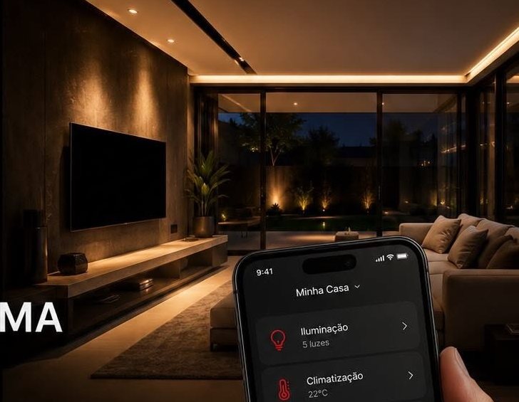 Sala com iluminação e climatização controladas
